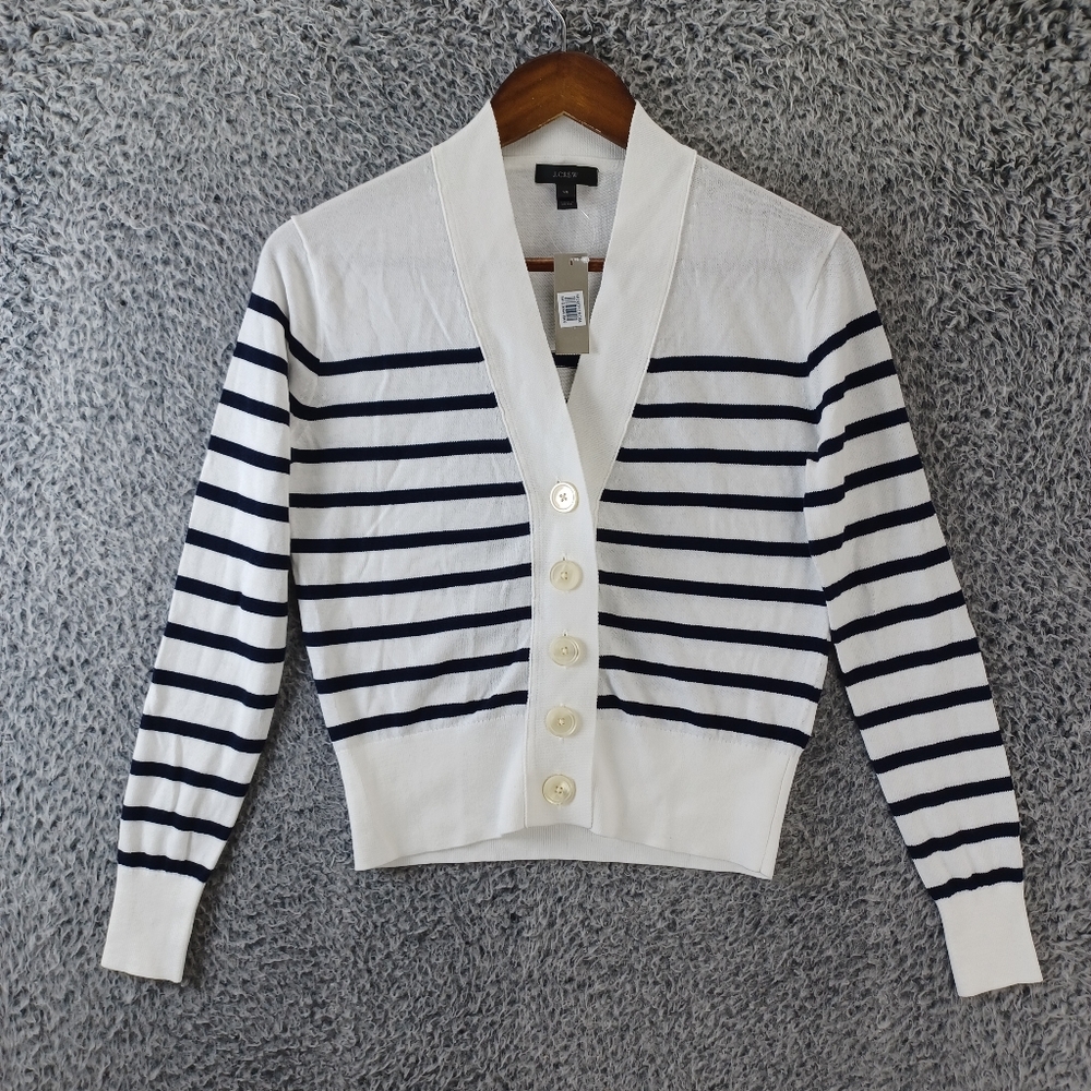 J. Crew Cardigan Sweater Womens XS White Blue Stripes Stretch Button V-Neck